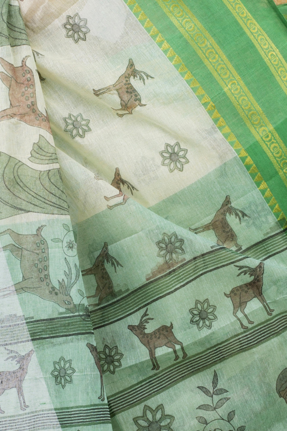 Green Pure Cotton Sakuntala Tant Saree Print (1853)